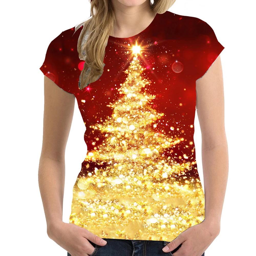 

Summer Round Neck 3D Christmas Tree Pattern Print Top Fashionable Casual Short Sleeved Women s T-shirts XS