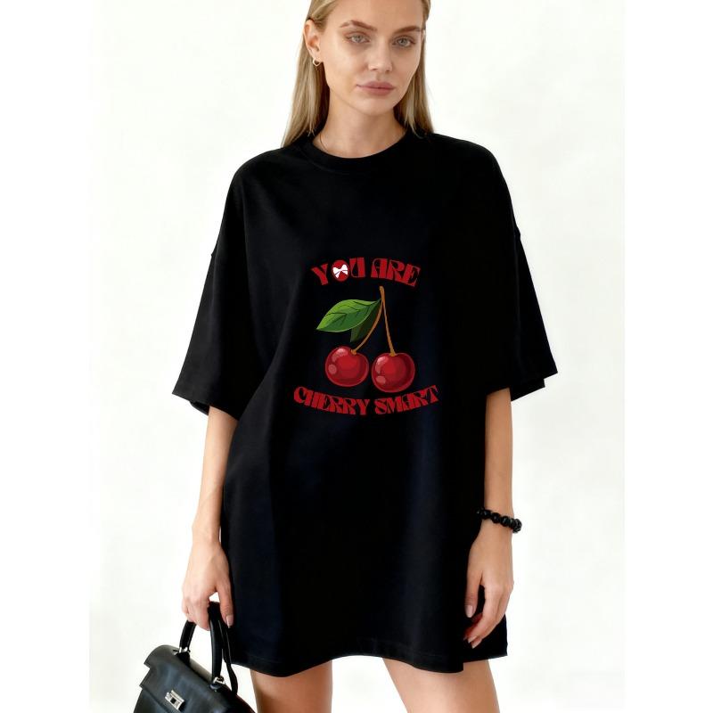 Oversized T Shirt Black Cherry Print With You Are Cherry Smart Text Casual Streetwear For Women