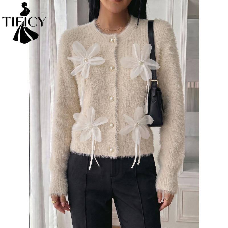 TIFICY Women's Fashion Casual Fall Winter Flower Pattern Print Long Sleeve O-Neck Sweaters