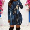 Women Plus Size Round Neck Long Sleeve Dark Blue Printed Bodycon Mini Dress