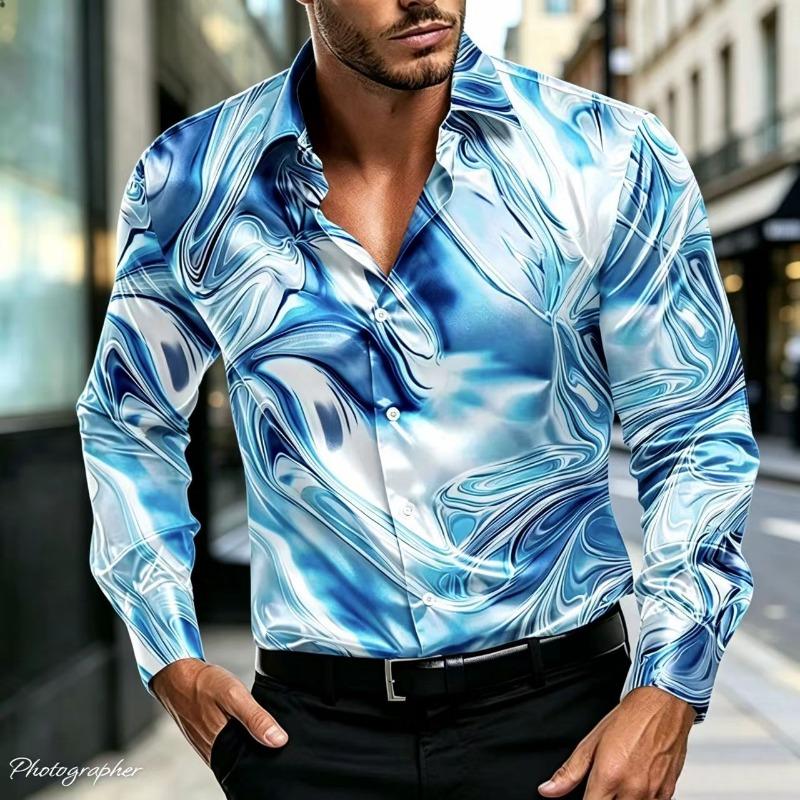 Herren Luxus Satin Langarmhemd mit 3D-bedruckten Seidenknöpfen und glänzender Oberfläche, Nachtclub Party Lässiges Modehemd