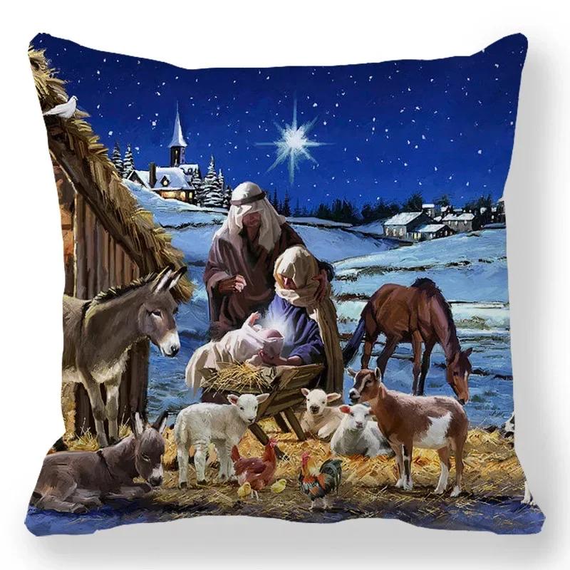 Christmas Decor Cushion Cover Christmas Gifts Home Party Decorative Pillow Cover Winter Snow Scene Animal Angel Print Pillowcase