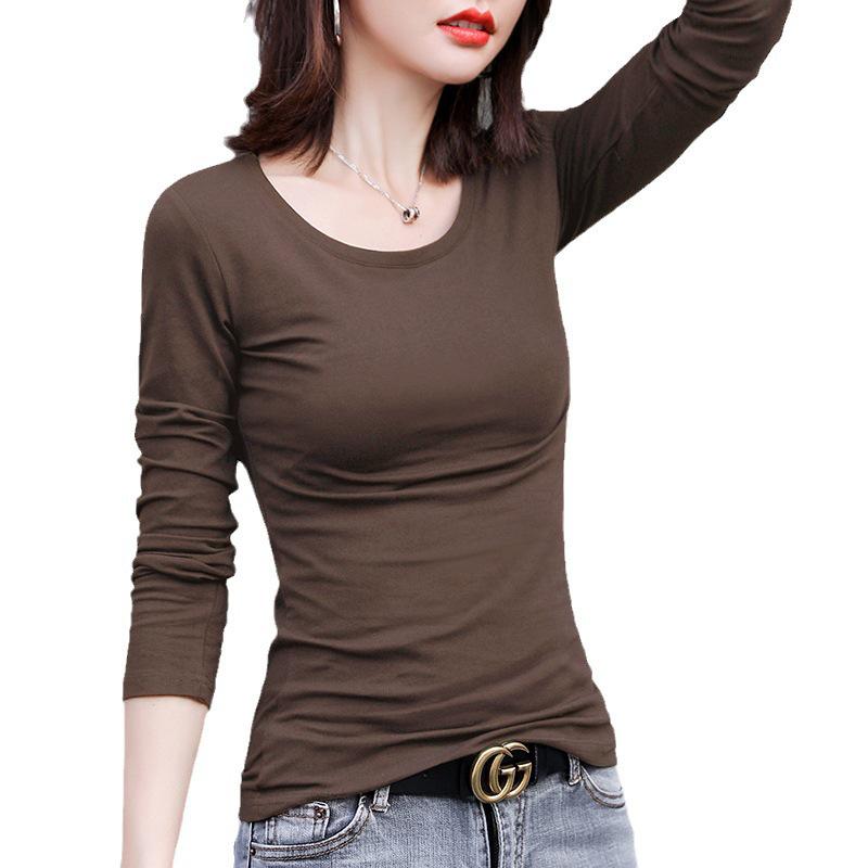 Autumn/Winter Women's Solid Color Slim Long-Sleeve T-Shirt: Warm Inner Layer, Round Neck/Half Turtleneck.