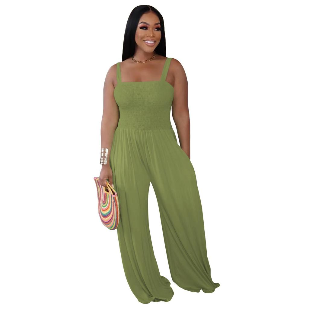 European & American Women's Solid Color Wide-Leg Suspender Jumpsuit