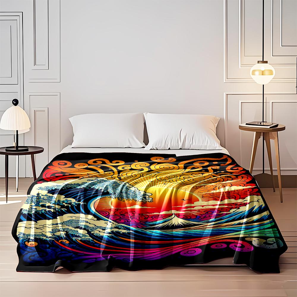 Vibrant Ocean Waves and Sunset Art Blanket Flannel blanket for bedroom, living room, sofa, and nap sofas.