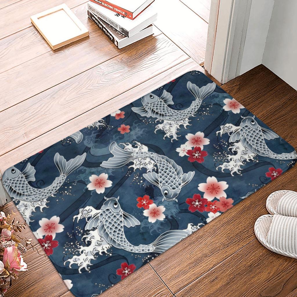 Koi Fish Sakura Blossom In Turquoise Doormat Mat Anti-Slip Cherry Flower Floral Kitchen Bath Garage Rug Carpet 40*60cm