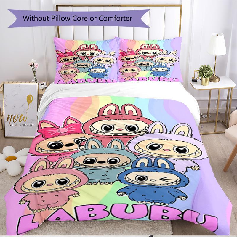 3-teiliges Bettbezug-Set (1 * Bettbezug + 2 * Kissenbezug, ohne Kern), Labubu Print Weiches Ganzjahres-Bettwäscheset, Heim-Schlafzimmer-Dekoration Geschenk