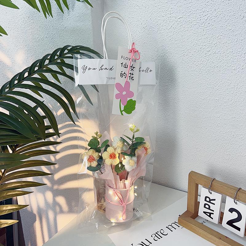 1 Set Hand Knitted Flower Handicraft Crochet Flower Bouquet With Led Light String Artificial Flowers Mother'S Day Gifts