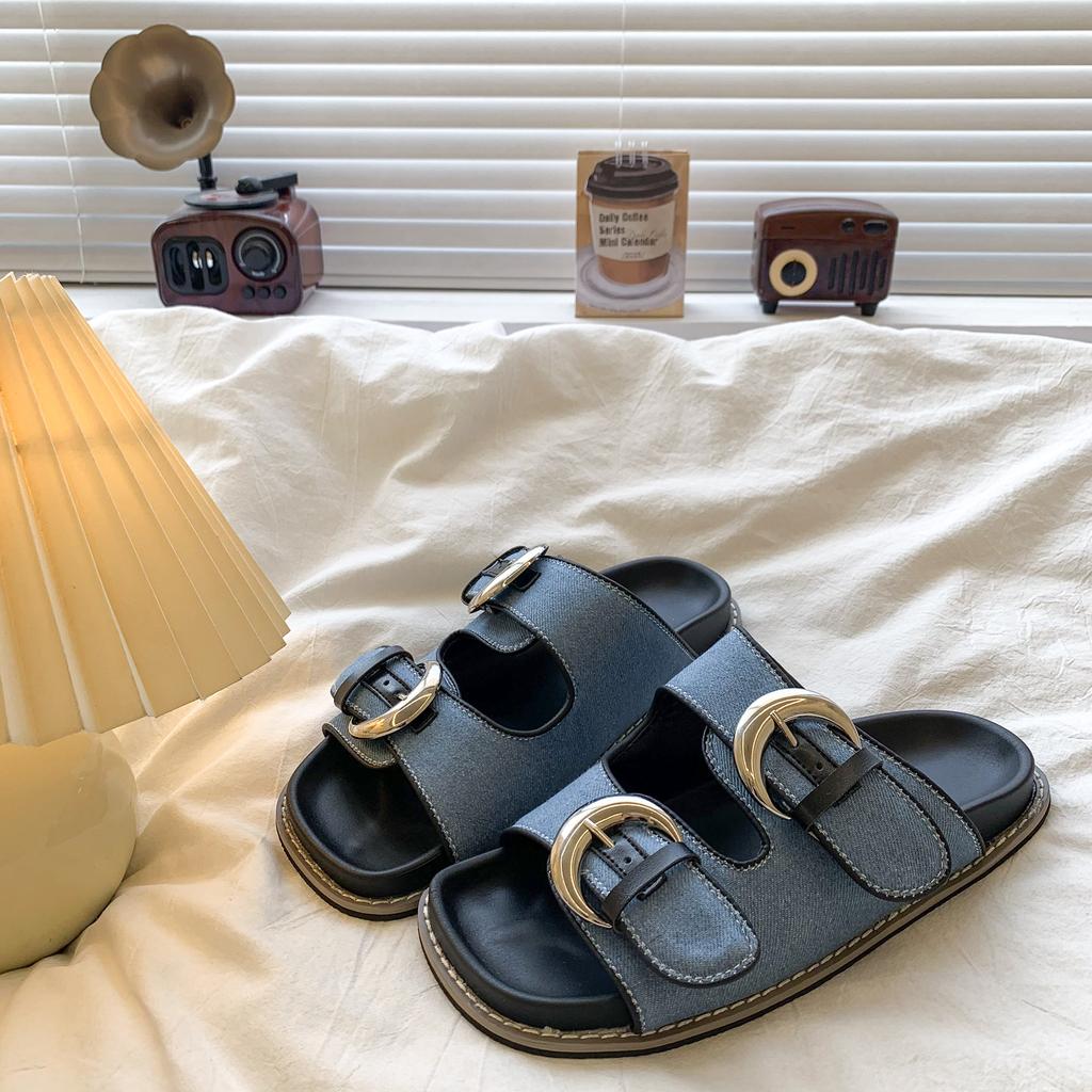 Fashion Black Soft Leather PU Flat Sandals Women Fashion Metal Buckle Slide Slippers Summer Light Non-Slip Beach Shoe Sandalias De Mujer