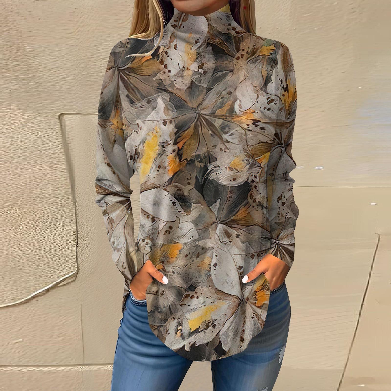 

Женская модная повседневная футболка с длинным рукавом с высоким воротом и принтом, пуловер, топ XXL