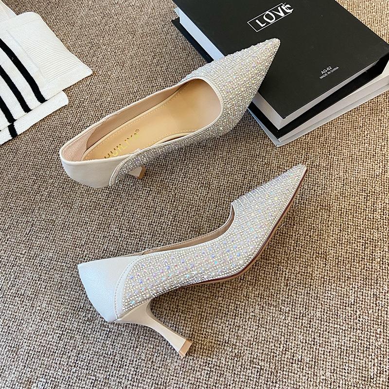 Damen-Pumps mit hohen Absätzen, spitz, Strass, flacher Ausschnitt, hohe Absätze, 2025 neu, Frühling, vielseitiger Rock, Brautschuhe, Brautjungfernschuhe