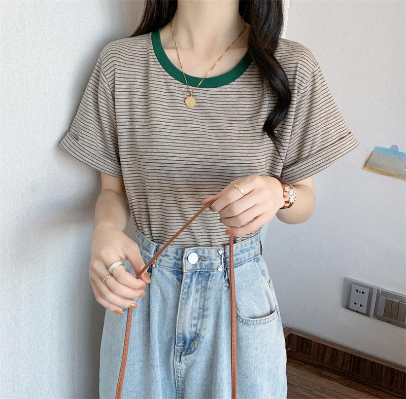 2025 Summer Fashion Women T-Shirts Stripe Graphic Tshirt Femme Harajuku Casual Loose Tee Shirt Gray Yellow Y2k Top Clothes T Shirt Female Streetwear
