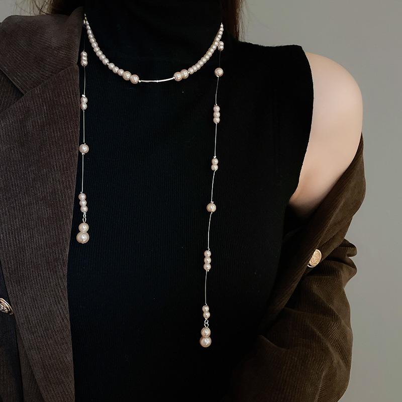French Geometric Round Pearl Beaded Necklace Fashion Simple Court Style Necklace Light Luxury Premium Sweater Chain Women