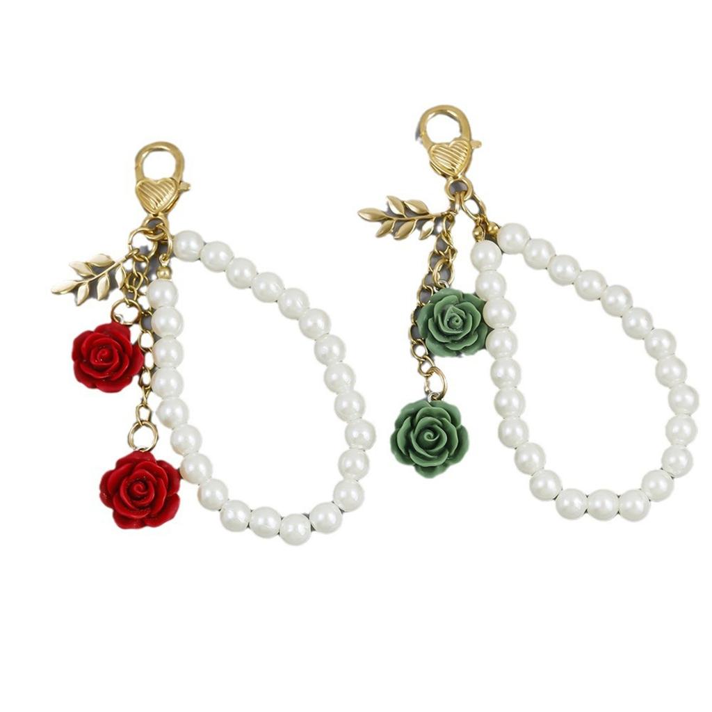 Stylish Faux Pearls and Rose Key Holder Beaded Key Chain Bag Charm Lightweight Keychain Ornament for Women Girls