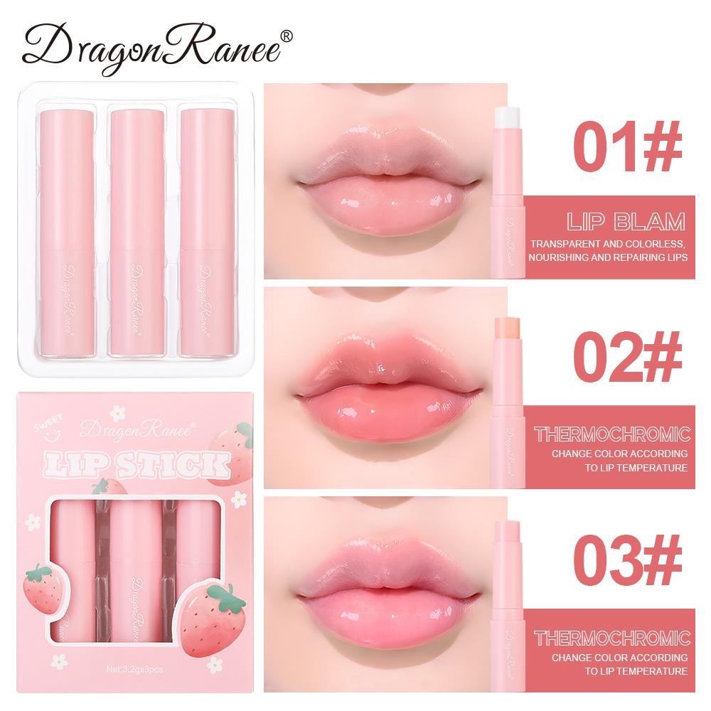 3 Strawberry Lipstick Set, Color-Changing Lipstick, Moisturizing, Long-Lasting Pink, Waterproof Lipstick, Pouty Lipstick Set