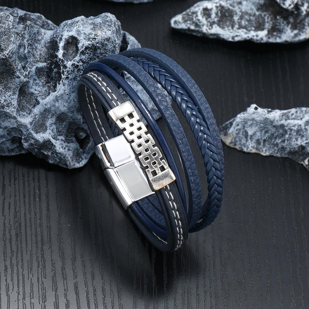 Vintage Multi Layer Magnetic Clasp Handwoven Genuine Leather Bracelet Cuff For Men Fashion Accessory
