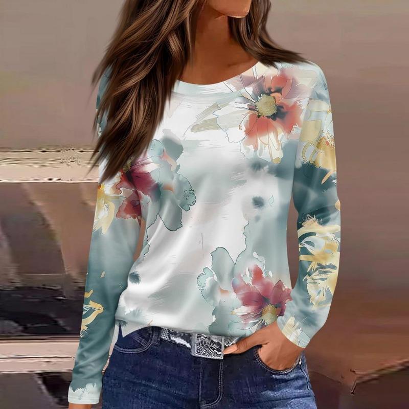 Women's Long Sleeved T-shirt 3D Printed Gradient Print Fashionable Round Neck Top T-shirt