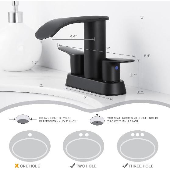 Waterfall Bathroom Faucet 4 Inch Centerset – WOWOW 2 Handle Matte Black Sink Faucet for 2 or 3 Hole Vanity, Modern Stainless Steel Zinc Alloy with