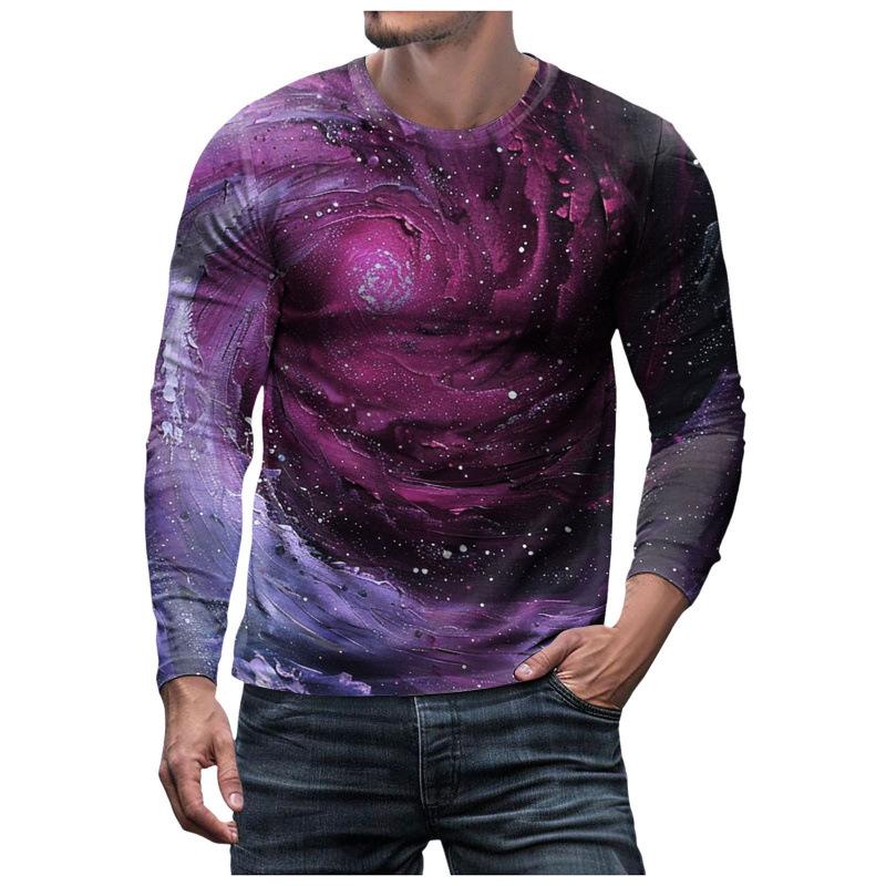3D Brilliant Starry Sky Printed Top Casual Long Sleeved Men's T-shirts - Soft Medium Stretch Polyester Fabric Spring and Autumn Relaxed Fit Clothing