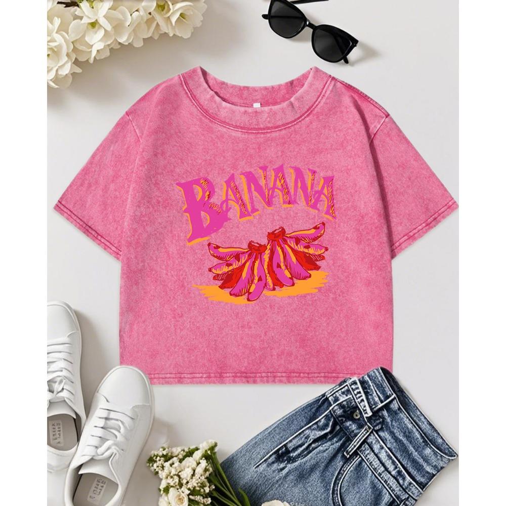 Colorful Banana Art Letter  Printing Washed Crop T Shirt Women Vintage Fitness Top Slim Cotton Short Sleeve T-Shirts