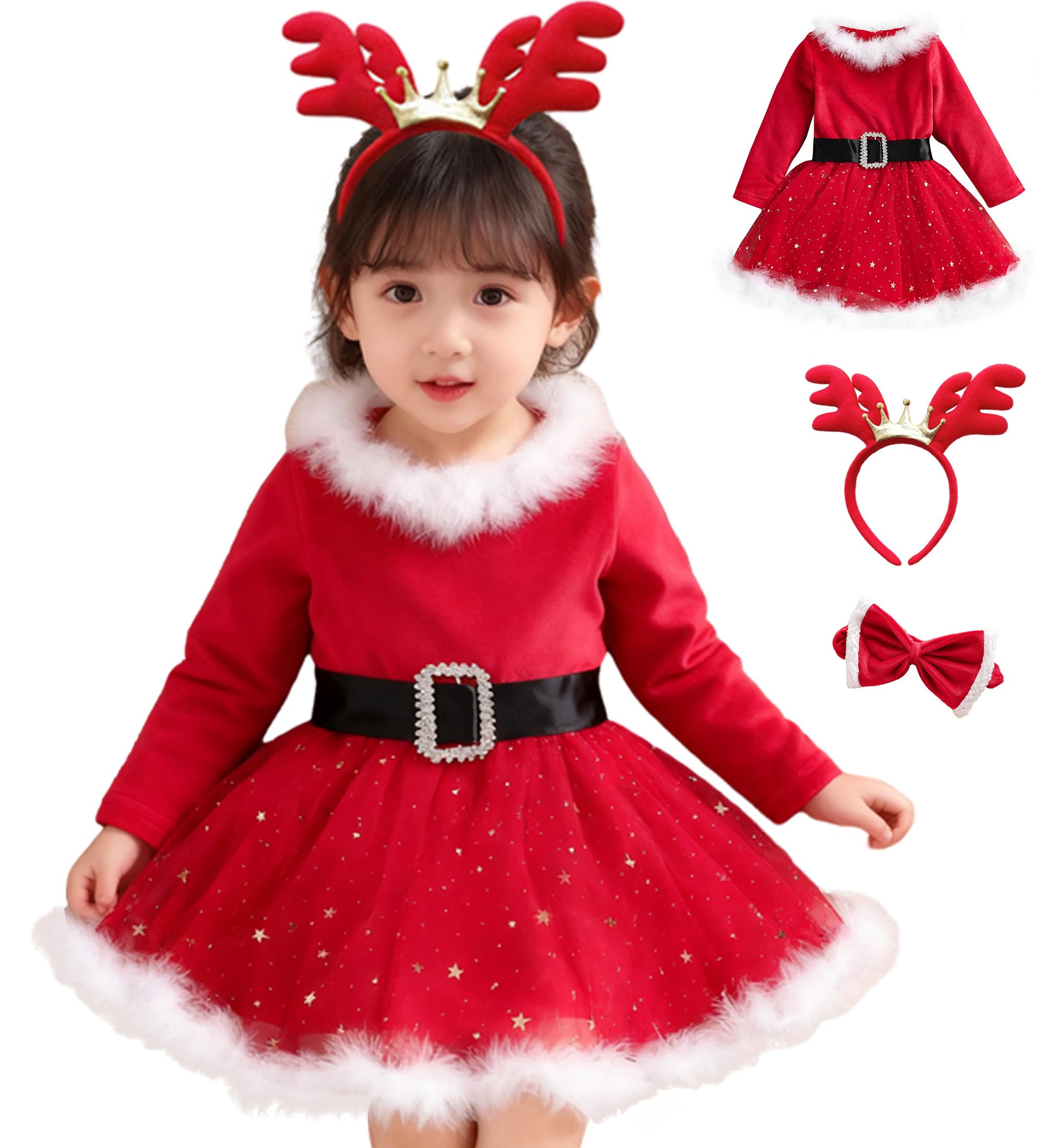 GOKEI Children s Santa Dress, 3-Piece Set with Ribbon Headband and Christmas Headband, Santa Costume, Cosplay, Christmas Outfit for Girls, Baby and