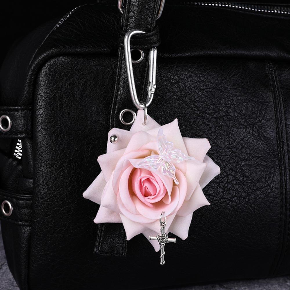 Simulationsblume Rose Schlüsselanhänger Rucksack Dekoration Bunter Simulationsblumen-Schlüsselring Handgefertigt Bohren und Lochen