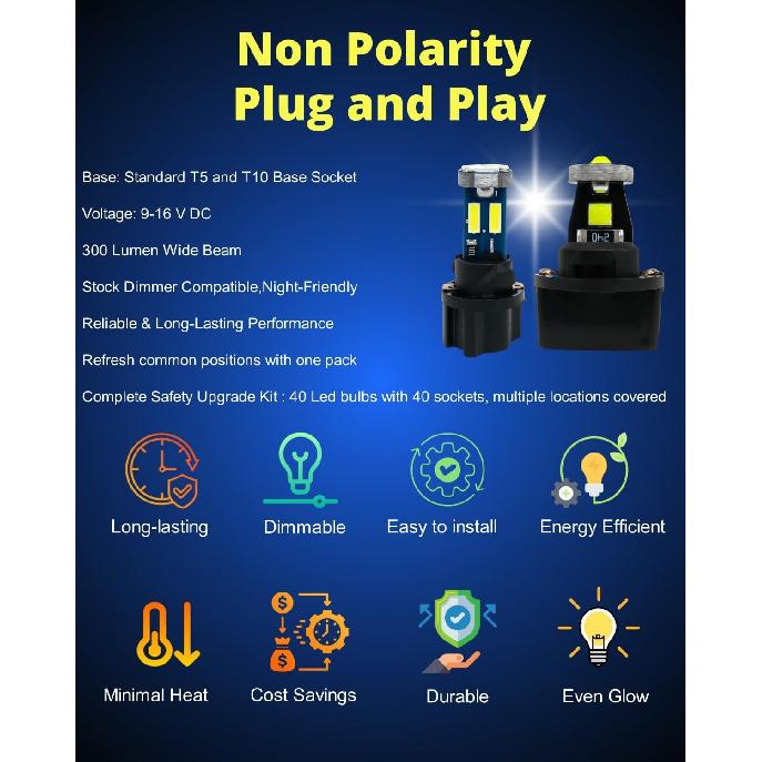 WLJH 40 Pack 194 168 T10 T5 LED Bulbs With Sockets, Non Polarity, Dimmable, For Dash Cluster Dome Map Door Trunk Parking License Plate Lights,300 LM