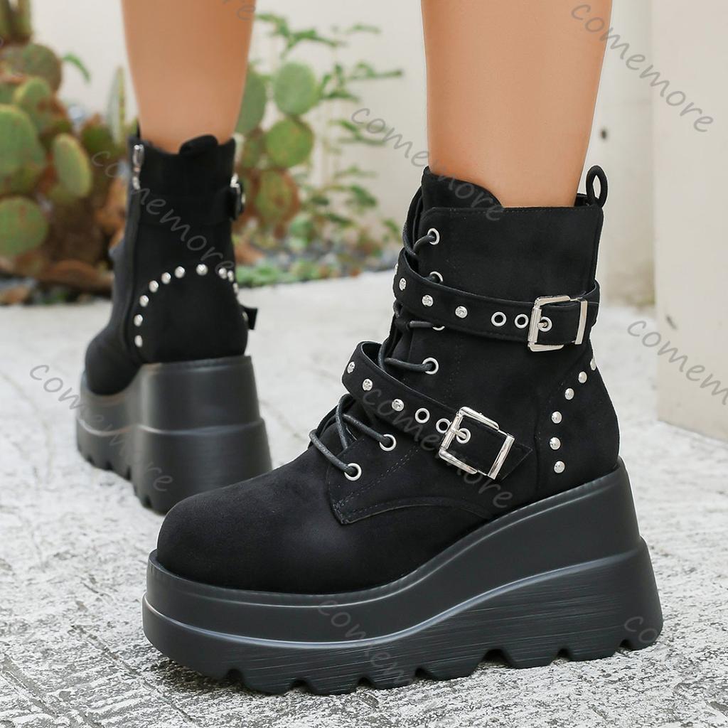 Fashion Comemore Wedges Platform Ankle Boots for Women Autumn Round Toe Lace Up High Heels Women's Shoes Gothic Punk Motorcycle Botas