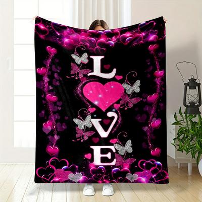 Love Heart Butterfly Print Blanket Bedroom Blanket for Livingroom Couch Lunch Break Soft Throw for Friend's Festival Gift