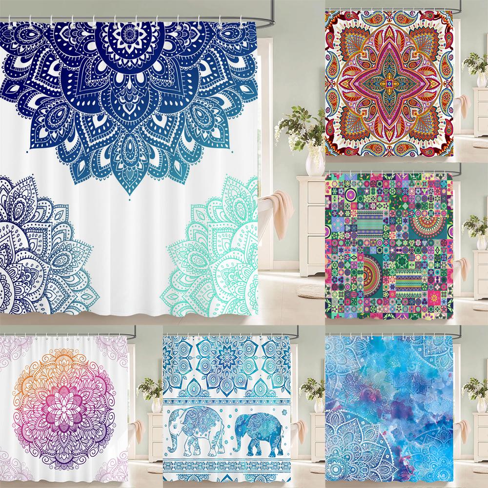 High Quality Indian Mandala Pattern Printed Fabric Shower Curtains Bohemian Bath Screen Waterproof Bathroom Decor with 12 Hooks