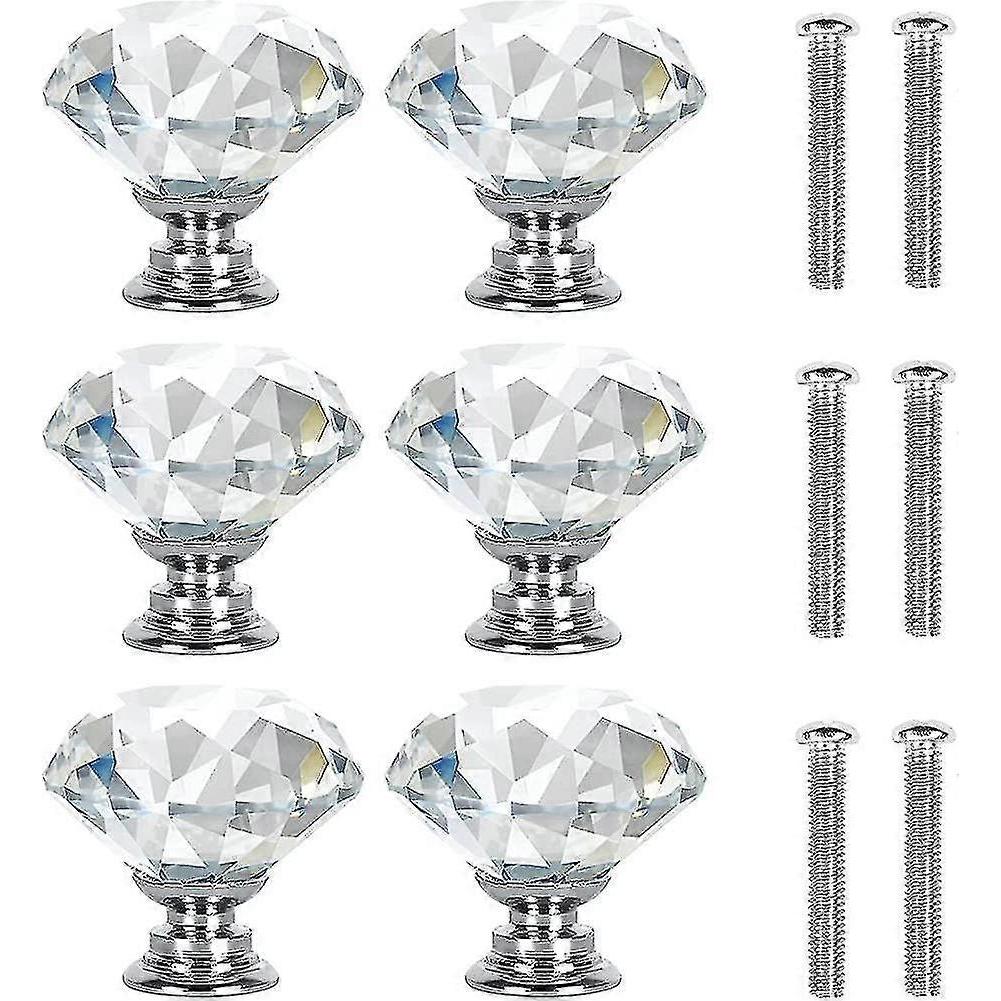 30mm Crystal Door Knobs With Screws. Set Of 6 Cabinet Knobs In Clear Crystal - PR
