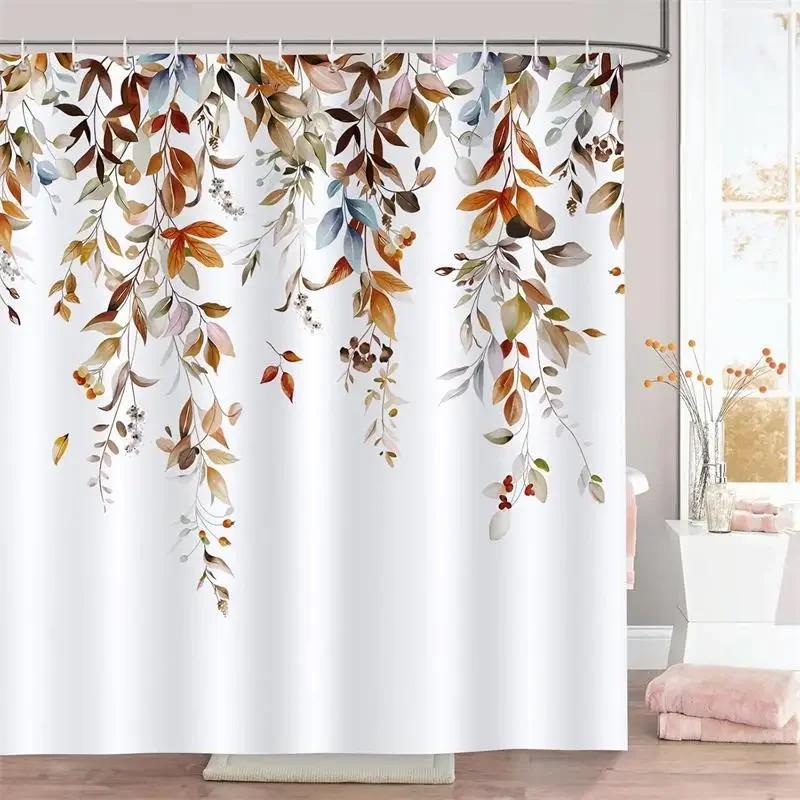 Eucalyptus Leaves Shower Curtain Watercolor Hanging Brown Leaf Pink Floral Fall Bath Curtains Fabric Bathroom Decor with Hooks