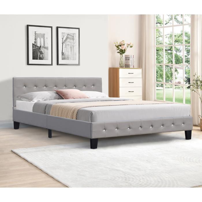 Lit avec Sommier 140x200 cm - KING OF DREAMS - Tête de Lit Capitonnée - Pieds en 10 cm - 13 Lattes - Gris