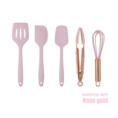 Set de 5 bucăți, mâner din aur roz, ustensile de bucătărie din silicon, mini racletă pentru copt, bată, agrafă pentru mâncare, set complementar de unelte pentru alimente roz pentru copii
