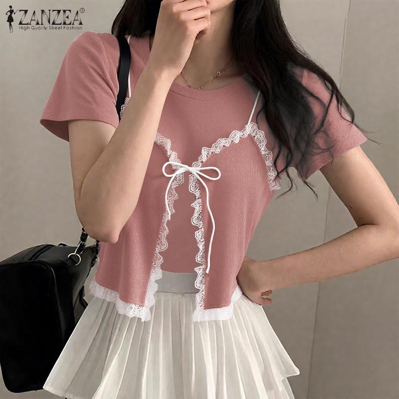 ZANZEA Women Casual Round Neck Short Sleeve Lace Splice Fake Two Piece Splice T-Shirts