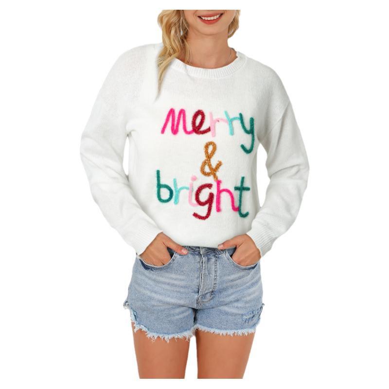 2025 Fall Women's Long Sleeve Letter Print Casual Pullover Sweater