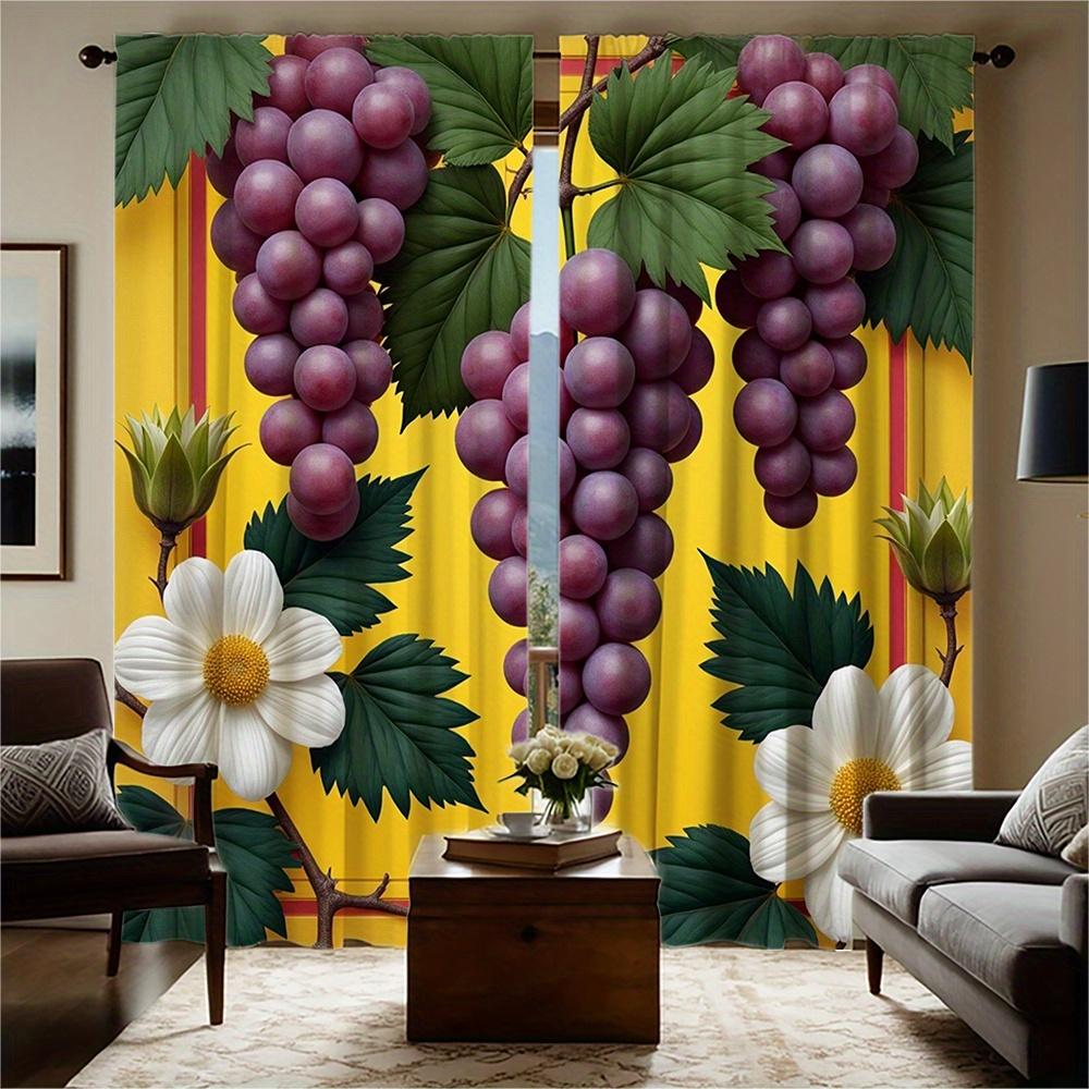 Set Of 2 Hd Digital Printed Curtain Bouquet Series Three Purple Grapes Yellow Background Green Leaves Two White Polyester