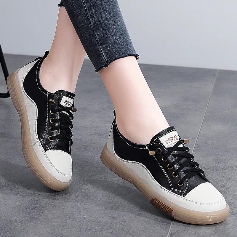 

Fashion Genuine Leather Women Soft Sole Walking Shoes Summer Student Jooging Sneaker Casual White Black Flats Female Skate Trainers 40