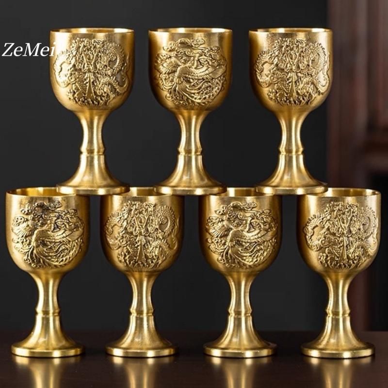 1ks Vintage bronzový pohár, Lehký luxusní sklenice na vodku, Rytina s texturou draka a fénixe, Dárková dekorace do domácnosti