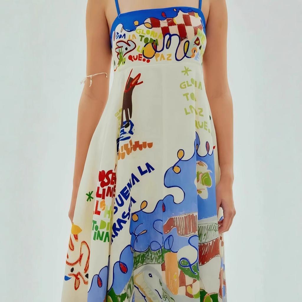 2026 new European and American express independent station sexy suspender graffiti linen pendulum dress