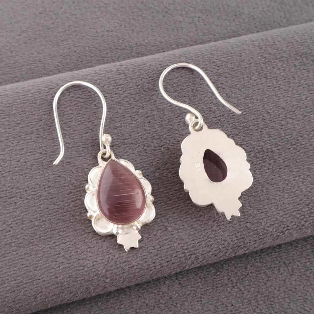 Purple Cat's Eye Gemstone Earrings 925 Sterling Silver Handmade Multi Jewelry EE-163-38