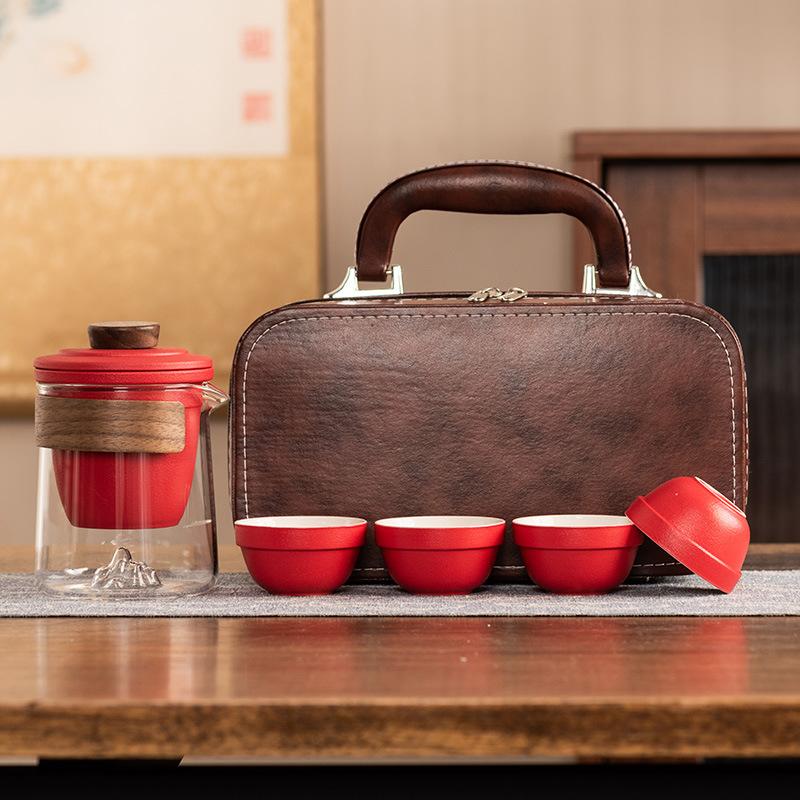 Hand-painted distant mountain travel tea set, high-end outdoor portable Kung Fu tea set, tea cup light luxury gift box set, commemorative gift.