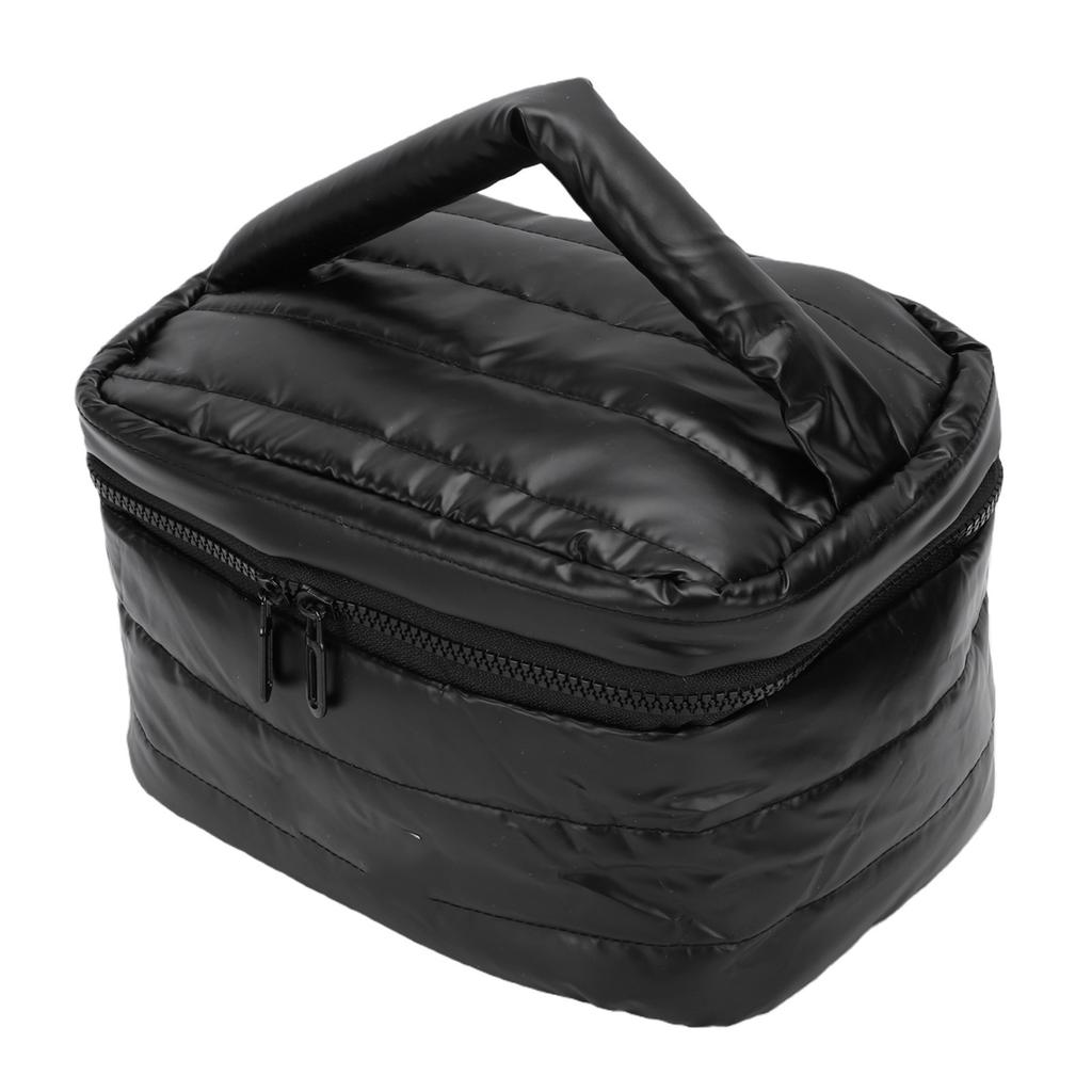 Quilted Makeup Bag Large Capacity Toiletry Organizer with Handle for Women Travel Gym Daily Use Black