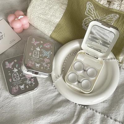 Cute Electroplated Butterfly Flower Contact Lens Case Portable Colored Lens Box Care Storage Box Two Pairs Set
