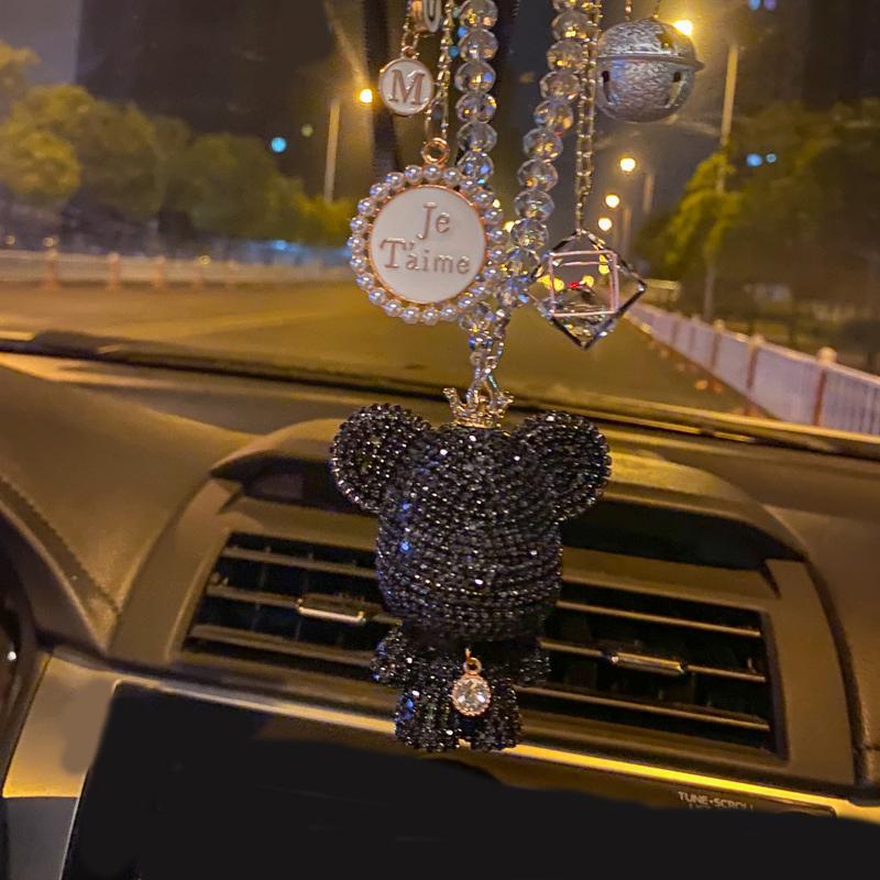 Fashion Crystal Cartoon Gloomy Bear Car Hanging Ornaments Rhinestone Tassels Crystal Pendant Rear View Mirror Car Decoration