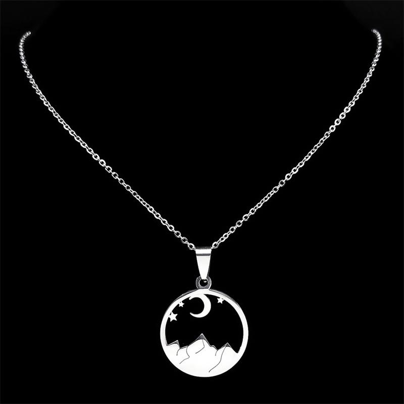 Moon Star Desert Scenery Necklace for Women Men Stainless Steel Silver Color Mountain Necklaces Jewelry Collier Femme N7242S02