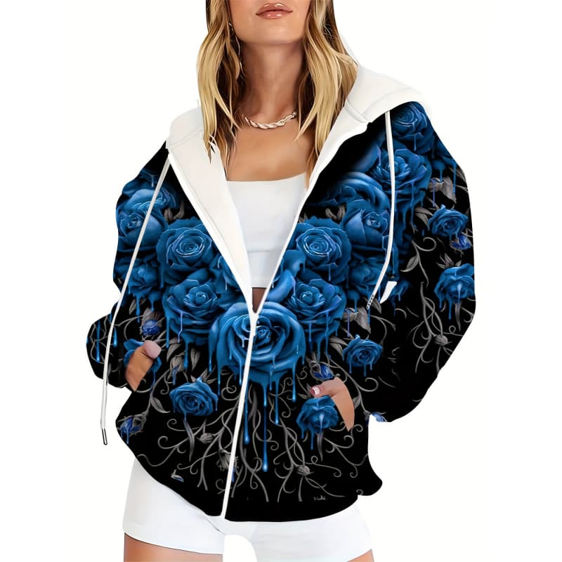 Felpa con cappuccio e cerniera da donna, stampa 3D, maniche lunghe, stile sportivo casual