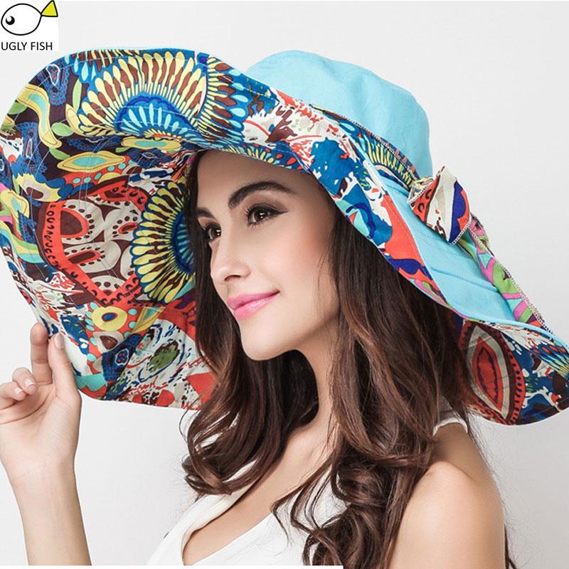 

Bohemian Print Extra Wide Brim Sun Hat - Reversible Double-Sided Beach Bucket Hat for Women one size синій