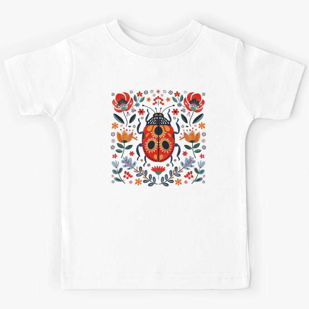 Scandinavian Folk Art, Ladybug With Flowers Kids T-Shirt 140