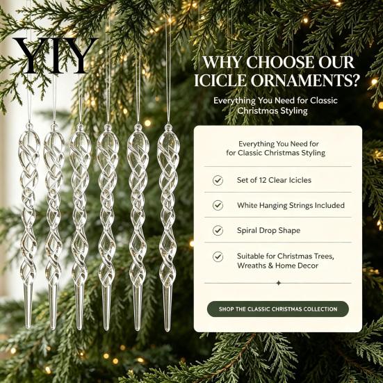 Winter Holiday Background Scene Decor 12Pcs Colorful Spiral Icicle Ornaments, Acrylic Twisted Ice Bar Hanging And Snow Theme Party for Christmas Tree,